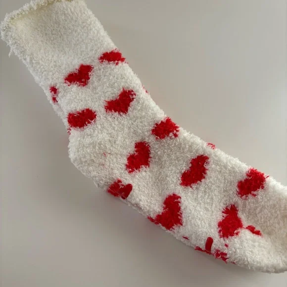 White & Red Hearts Fuzzy Socks - Picture 1 of 5